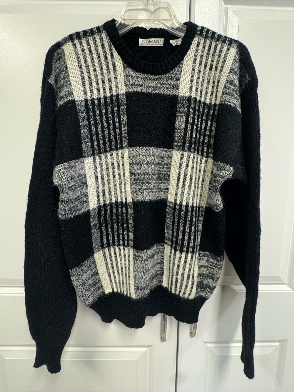 Koman Wmns Vintage Wool Sweater Sz Lg Winter Black White Warm Checkered Plaid